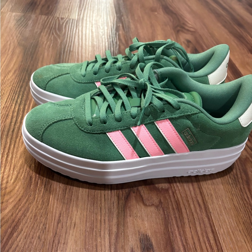 adidas Green Suede Platform Sneakers with Pink Stripes